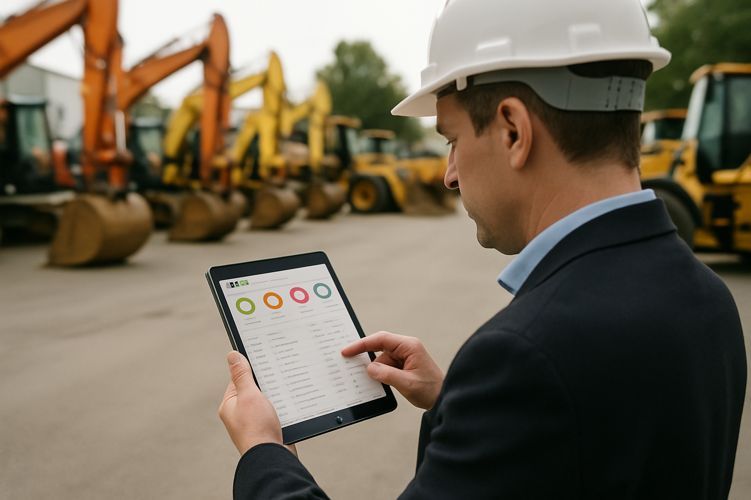 Ein Baumaschinengelände mit Reihen von Baggern und Radladern, und ein Vertriebsleiter mit Schutzhelm, der ein Tablet überprüft
