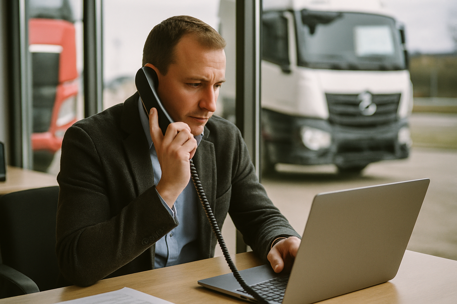 Ein Nutzfahrzeugverkäufer am Händlerschreibtisch telefoniert und schaut dabei auf einen Laptop mit einer eingehenden Anfrage