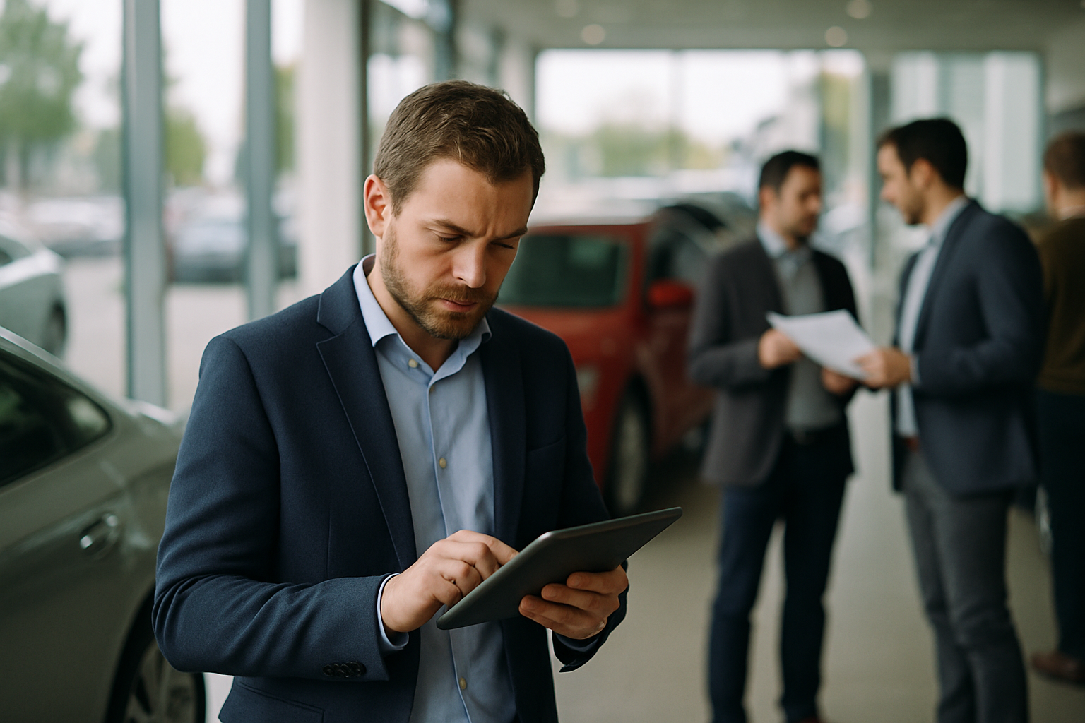 Ein Verkaufsleiter in einem Fahrzeughaus überprüft Lead-Informationen auf einem Tablet, im Hintergrund ist eine Reihe neuer Autos zu sehen